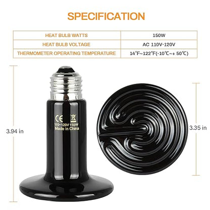 Simple Deluxe 150W Ceramic Heat Emitter Reptile Heat Lamp with Digital-Thermometer, for Pet Brooder Coop Chicken, Dragon Turtle Lizard Snake Aquarium Tank - size: 150W, style: Bulb *2+Thermometer