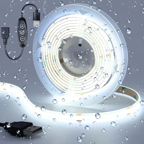 DC 5V USB COB LED Strip Light Cool White 6000K Dimmable IP65 Waterproof CRI 93+ USB Powered 6.6ft/2M 640LEDs with Dimmer High Brightness Flexible LED Tape Lights - color: Cool White