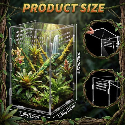 Hushee 2 Pcs Acrylic Jumping Spider Enclosure, 360° Clear Ventilated Reptile Terrarium View, Easy Assembly Secure Pet Habitat, Perfect for Mantis, Frog, Tarantula, Gecko and Small Reptiles