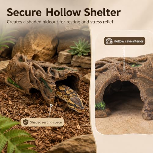 Large Reptile Hideout, Resin Hollow Log Cave for Ball Python & Bearded Dragon, Natural Basking Platform & Tank Decor for Snake, Gecko, Lizard, Tortoise, Axolotl