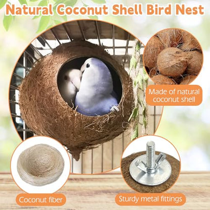 Coconut Bird Nest for Cage Natural Coconut Shell Birds House Parakeet Small Coconut Hide Breeding Hut Bird Cage Accessories for Parrot Lovebirds Budgies Cockatiel Conure Finch Canary