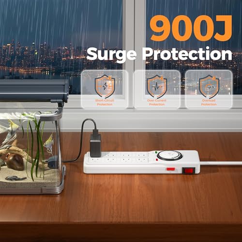 TESSAN 8 Outlets Power Strip with Timer (4 Sockets Timed, The Others Always On), 4 FT Extension Cord with Multiple Outlets, 900J Timer Surge Protector Power Strip with Switch for Plant Aquarium Light
