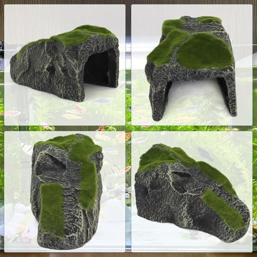 Mossy Reptile Rock Hides and Caves,Artificial Green Moss Cave Hideout for Reptile and Snake, Simulation Rock Tortoise Habitat Accessories,Terrarium & Aquariums Decor (Green, Large) - size: Large