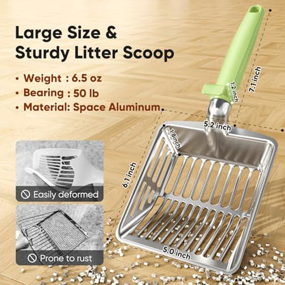 Metal Cat Litter Scoop, Large Cat Scooper with Deep Shovel & Dual Sifting Holes for Fast & Precise Sifting, Space Aluminum Kitty Litter Scooper with Long Handle & Easy-to-Hang Hook - Mint - color: Mint