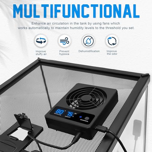 Reptile Ventilation Fan with Humidity Sensor and High-Temp Alarm, Fan Dehumidifier for Reptile Enclosure and Terrarium, Suitable for Humid Environments, Rainforest and Ecological Tanks