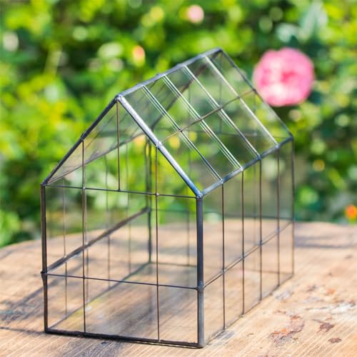 NCYP Geometric Glass Terrarium with Front Opening Door, House Shape Closed Micro Landscape Planter Box for Small Succulent, Cacti - Home Indoor Tabletop Decor, Handmade, Black (No Plants)