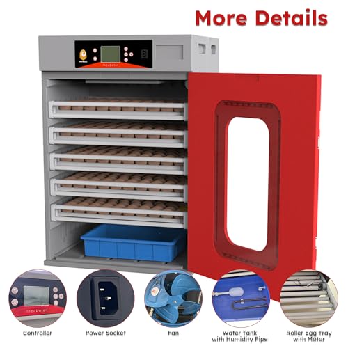 Commercial Digital Egg Incubator, 400-Egg Capacity, 360° Auto-Turning System with Digital Control, Red and Gray Cabinet, Temperature and Humidity Monitoring