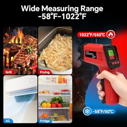 Infrared Thermometer Gun, Digital Laser Temperature Gun -58°F to 1022°F, Adjustable Emissivity, LCD Backlight, MAX/MIN Display, Non-Contact Thermometer for Pizza Oven, BBQ, HVAC, Griddle - color: Red（-58℉-1022℉）