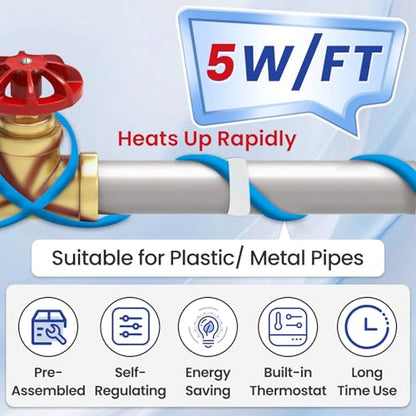 MAXKOSKO 50 Ft. 120 V Heating Cable for Pipe Freeze Protection, Self-Regulating Heat Tape for Water Pipes for Metal and Plastic Pipes, Energy-Saving Heat Trace Cable Keeps Water Flowing at -40 °F - color: 50-feet