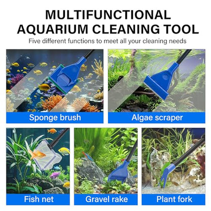5 in 1 Fish Tank Cleaner Kit Aquarium Cleaning Tools with 22~32 Inch Extendable Non-Slip Handle Fish Tank Cleaner with Algae Scraper and Fish Net - size: Length 22-32inch(extendable)