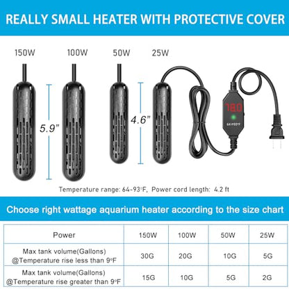 YukiHalu Aquarium Heater 25/50/100/150W with Protective Cover, Mini Fish Tank Heater with External Controller, Temperature Adjustable, Digital Display, Used for 5/10/20/30 Gallons (150W-30Gallon) - size: 150W-30Gallon