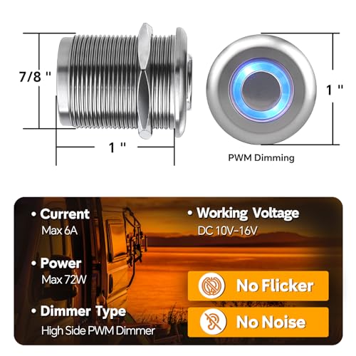 12 Volt Light Dimmer RV Boat High-Side PWM Dimming Switch, 7/8" Mounting Hole w/Blue Backlight for LED Strip Light 12V LED Halogen Incandescent, All-Aluminum Shell, Rated 6A (Sliver) - color: Sliver