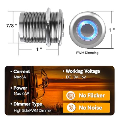 12 Volt Light Dimmer RV Boat High-Side PWM Dimming Switch, 7/8" Mounting Hole w/Blue Backlight for LED Strip Light 12V LED Halogen Incandescent, All-Aluminum Shell, Rated 6A (Sliver) - color: Sliver