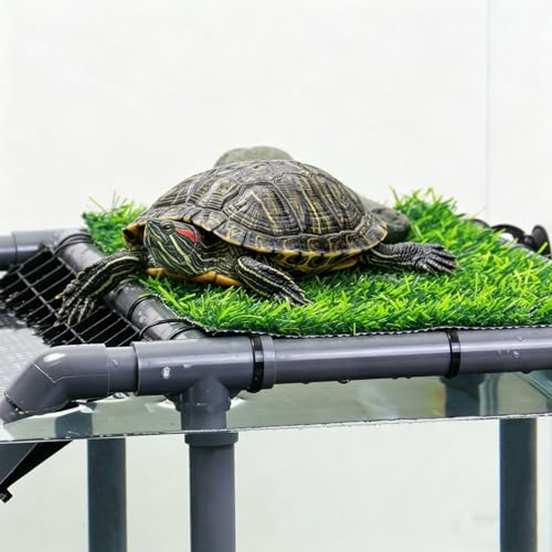 Extra Large Turtle Basking Platform, Sturdy Standing Dock with Non-Slip Ramp & Artificial Grass, Turtle Tank Accessories, Fits 50/65/75/90/125 Gal Tanks, Gray/Black - size: Basking Platform 13.4" W × 10" D