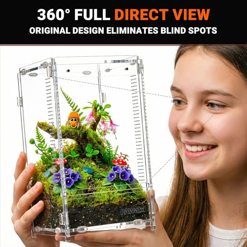 Jumping Spider Enclosure, Acrylic Terrarium with with Magnetic Doors, 0.8mm Micro-Ventilation, Stackable Escape-Proof Habitat for Jumping Spiders, Tarantulas & Small Reptiles, 4.7"x4.7"x9" - size: 1Pack, 4.7"x4.7"x9"