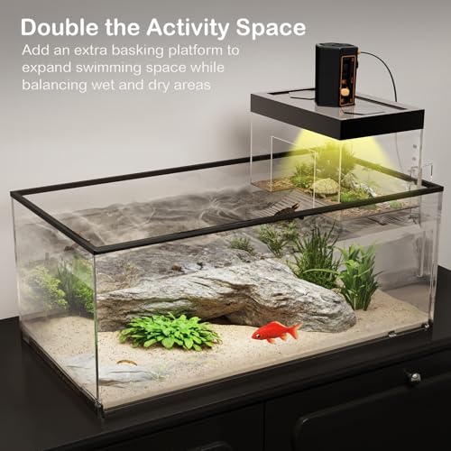 Turtle Basking Platform with Light,9.8*6.2*6.2inch Small Land Elevated Topper Decor,Red Eared Slider Hanging Habitat Enclosure Cage,Cuckold Tank with Lid,House for Semi Aquatic Baby Terrapin