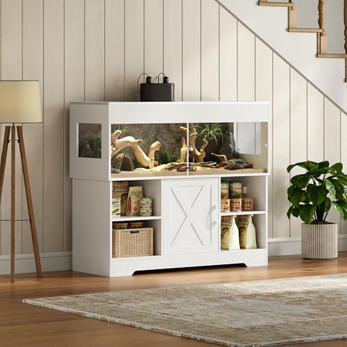 Herture 60 Gallon Reptile Tank with Stand, Terrarium Tank with Storage Cabinet, for Lizards, Skinks, Snakes, Sliding Acrylic Doors, Mesh Top, Built-in Power Outlet White PX02RTW - color: White, size: 60 Gallon