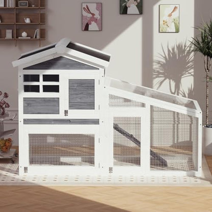 GarveeLife Rabbit Cage, Outdoor Weatherproof Bunny House Wooden, Indoor Bunny Cage with Run, Rabbit Hutch with Removable Tray, Grid Fences, Ramp 53.15" L x 23.62W 37.8" H Gray - color: Gray
