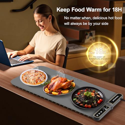 Extra Large Warming Mat for Food XXL:40”X15” Electronic Food Warmers for Parties Buffet Silicone Warming Tray 6-Level Timer 9-Level Temp18H Auto-Off 8Sec Fast Heating Roll Up Portable Grey - size: Grey-XXL 15*40in