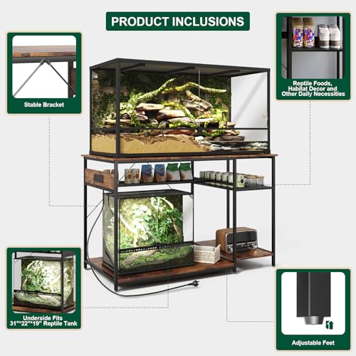 Reptile Tank Stand with Power Outlets，48" X 24" Tabletop Fits up to 120 Gallon Bearded Dragon Enclosure Stand，Double Snake Terrarium Table with Light