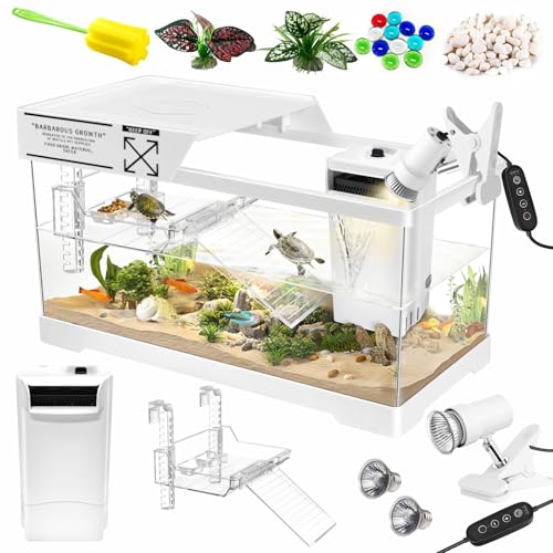 GOZILLA Aquatic Turtle Tank Kit+Lamp+Filter, Upgrade PC Turtle Tank Starter Kit with Adjustable Lamp & Filter,Reptile Habitat with Lid,Hanging Platform for Small Reptiles.(19.68×9.52×9.44''/White Kit) - color: Large-White-KIT
