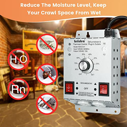 Crawl Space Humidistat Controller, Briidea Dehumidistat and Thermostat Control with 2 Plug in Outlets, Ideal for Basements Attics Garages, Reduce the Crawl Space Humidity Level