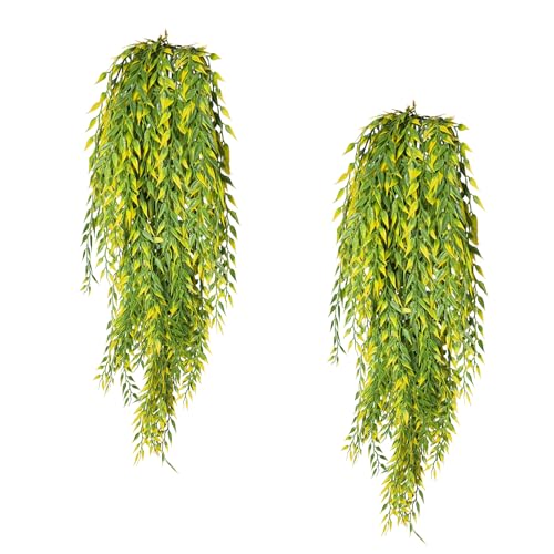Fake Garland Hanging Vines 4 PC Artificial Weeping Willow Leaves Fake Greenery Faux Plants Realistic Home Office Decoration Indoor Outdoor (Yellow Green) - color: Yellow Green