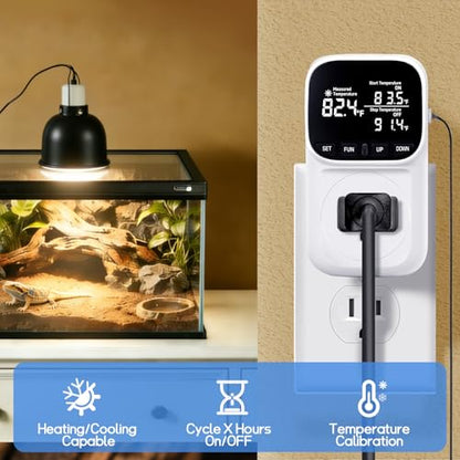 1800W Digital Thermostat for Reptile Tank, -40℉~210℉, Plug in Thermostat for Heater/Greenhouse with 5m/2m Cable, 15A Temperature Controlled Outlet with VA Display, Temp ±0.1°F, White - style: Plug in-White