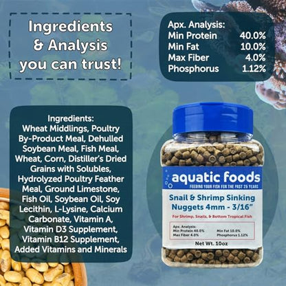 Snail & Shrimp 4mm Sinking 40% Protein Nuggets. Ideal for All Snails, Shrimp and Bottom Tropical Fish…10oz Jar - size: 10 Ounce (Pack of 1)