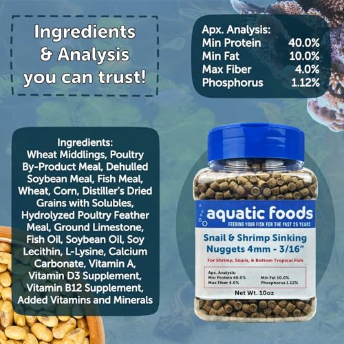 Snail & Shrimp 4mm Sinking 40% Protein Nuggets. Ideal for All Snails, Shrimp and Bottom Tropical Fish…4-lbs 12oz Jar - size: 4.75 Pound (Pack of 1)