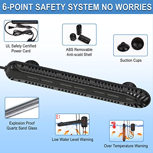 HiTauing Aquarium Heater, 200W Fish Tank Heater with LED Digital Display & 5 Safety Protection, Submersible Aquarium Heater with 2 Suction Cup and 5.9Ft Cord for 20-40 Gallon Fish Tank. - size: 200 Watt Aquarium Heater