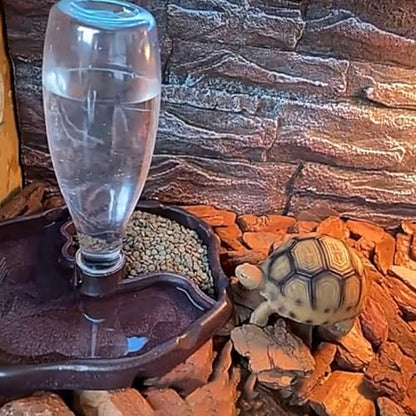 Automatic Reptile Waterer and Food Dish for Bearded Dragon and Tortoise, Deep Brown Pet Feed Bowl with Water Reservoir for Terrarium Use
