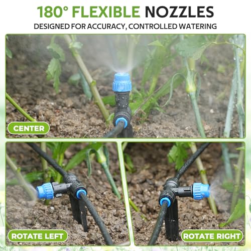 HIRALIY 59FT Drip Irrigation Kit with Water Timer, Quick-Connect Garden Watering System with 15 Adjustable Misting Nozzles, 1/4 in Tubing for Greenhouse, Hanging Plants & Raised Beds - size: 59 feet