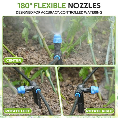 HIRALIY 59FT Drip Irrigation Kit with Water Timer, Quick-Connect Garden Watering System with 15 Adjustable Misting Nozzles, 1/4 in Tubing for Greenhouse, Hanging Plants & Raised Beds - size: 59 feet