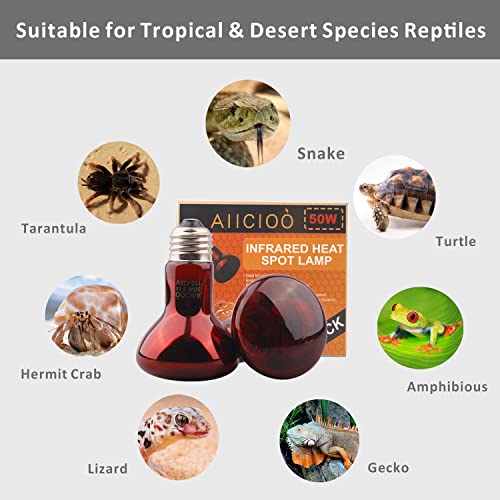 Aiicioo Reptile Red Light Bulb - Reptile Heat Lamp Bulb Infrared Basking Spot Lamp for Bearded Dragon Lizard Turtle Hermit Crab Leopard Gecko Snake Chameleon 50W - color: ['Red'], size: ['50W']