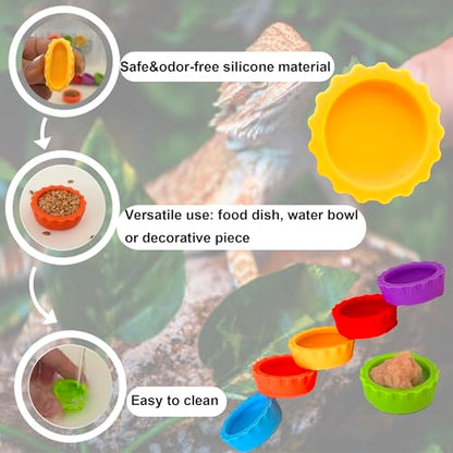 Meow&Woof 8 Pcs Reusable Silicone Reptile Feeding Cups – Bearded Dragon Water Bowl & Crested Gecko Food Dish, Habitat Tank Starter Kit Accessories for Turtle, Snake, Hermit Crab - color: 8pcs
