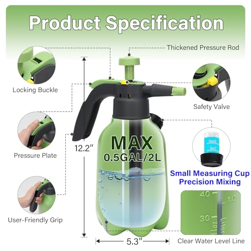 0.5 Gallon Hand Pump Sprayer | Garden Plant, Cleaning, 2 Adjustable Nozzle, Side Water Inlet, Safety Valve