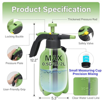 0.5 Gallon Hand Pump Sprayer | Garden Plant, Cleaning, 2 Adjustable Nozzle, Side Water Inlet, Safety Valve