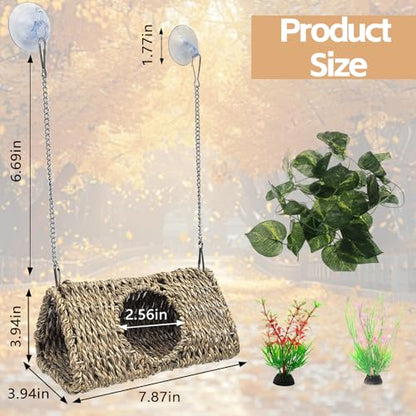 Reptile Hide Cave,Hanging Seagrass Fiber Bearded Dragon Hammock Swing Climbing Toys with Plants Decor,Gecko Hideout Hollow Cave Tank Accessories for Lizard Snake-Triangle S - size: Triangle S:7.87*3.94*3.94"