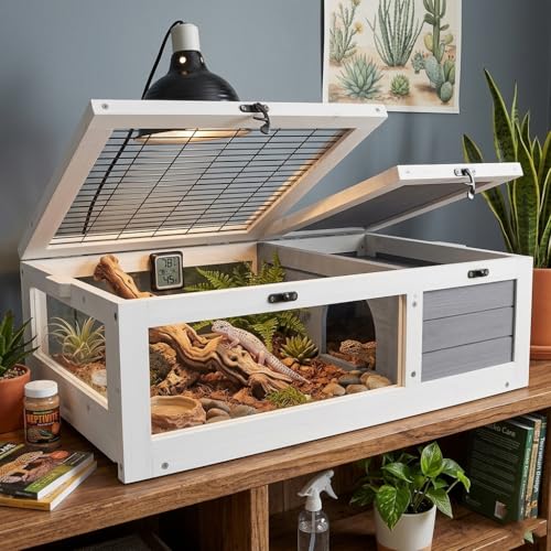 39.5" Wood Tortoise House Indoor Outdoor Turtle Habitat - XL Small Animal Hutch with 3 Acrylic Windows, Waterproof Pull-Out Tray & Sleeping Area for Lizards, Geckos, Snakes, Grey
