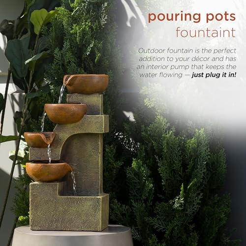 Alpine Corporation WCT726 | 16"H Indoor/Outdoor Tabletop Tiered Pouring Pots Waterfall Fountain — Natural Stone-Look Finish Adds Rustic Charm — Brown - style: 16"H - Brown 5-Tier Pouring Pots