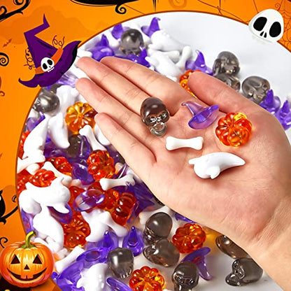 Deekin 240 Pcs Mini Skull Head Mini Pumpkin Acrylic Embellishment Set, Small Table Scatter Vase Filler Resin Ornaments Witch Hat Skeleton Bone Ghost Scrapbooking Thanksgiving Fall Autumn Party