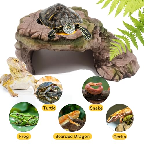 kathson Turtle Basking Platform Resin Bearded Dragon Hides and Caves with Ramp Reptile Resting Terrace Turtle Tank Decorations for Frogs,Tortoise,Lizard,Leopard,Crested Gecko - style: hideout