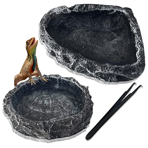 2 Pack Reptile Water Dish - Reptile Water and Food Bowls with Tongs Imitating Natural Rock，Breadworm Feeding for Leopard Gecko Lizard Spider Scorpion Chameleon (2Pcs Square+Round) - color: 2Pcs Square+Round