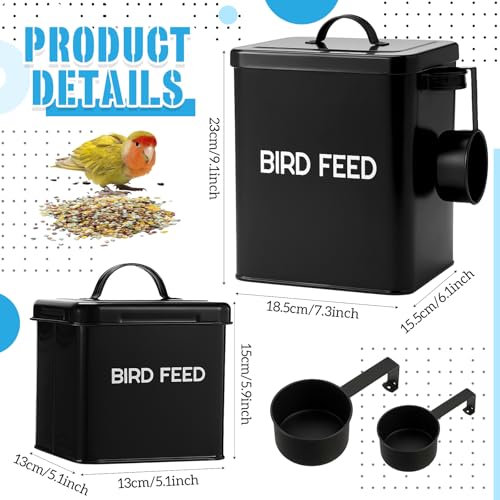 Reallnaive 2 Pcs Metal Bird Seed Container with Scoop, Bird Feed Storage Container with Fitted Lid, Farmhouse Style Ideal Gift for Birds and Pet Owners(Black)