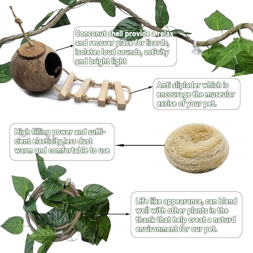 Tfwadmx Crested Gecko Coconut Hide,Leopard Gecko Coco Hut Hideout Cave with Ladder,Reptile Hanging Coconut Hut & Climbing Vine,Ideal Habitat Accessory for Hermit Crab, Snake,Lizard