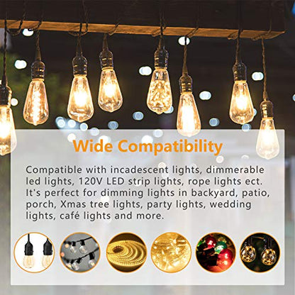 Outdoor Dimmer Switch for String Lights, 1000W Max Power IP68 Waterproof Wireless RF Remote Control Timer Switch, 3 Prong Outlet Plug-in Dimmer for Dimmable LED String Lights Patio Lights