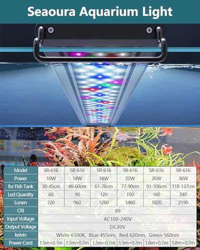SEAOURA Led Aquarium Light for Plants-Full Spectrum Fish Tank Light with Timer Auto On/Off, 30-36 Inch, Adjustable Brightness, White Blue Red Green Pink LEDs with Extendable Brackets for Freshwater - size: for 30-36 inch tank