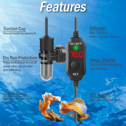 20W Mini Aquarium Heater for 2-4 Gallon Tanks | Submersible Fish Tank Heater with Digital Thermostat, Dry-Run & Overheat Protection, Memory Function - size: For Aquariums ≤ 4 Gal