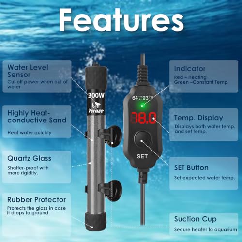 300W Compact Aquarium Heater for 40-60 Gallon Tanks | Submersible Fish Tank Heater with LED Digital Thermostat, Dry-Run & Overheat Protection, Memory Function - size: For Tanks 40-60 Gal